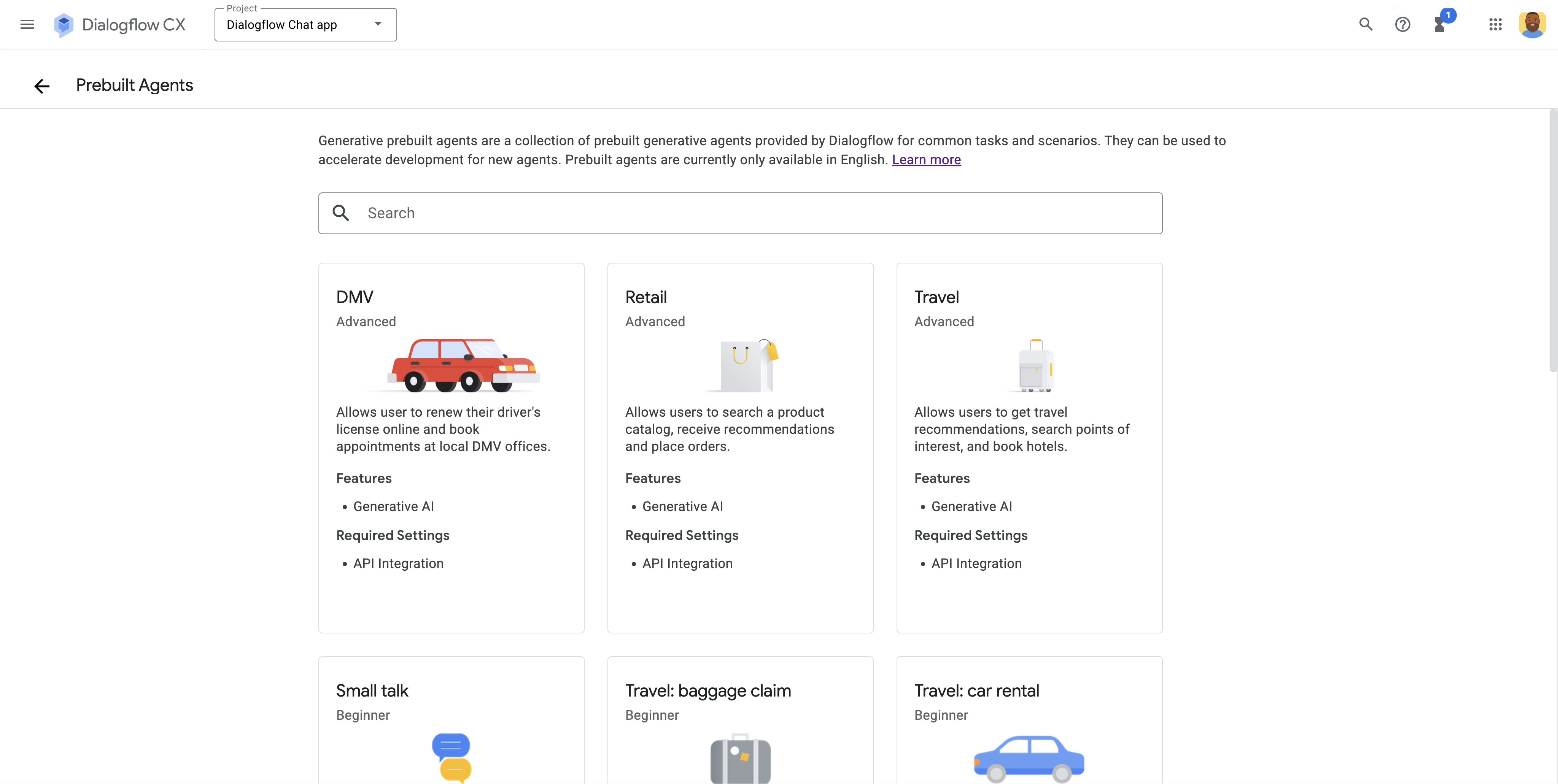 หน้าการเลือกตัวแทน Dialogflow ที่สร้างขึ้นล่วงหน้า