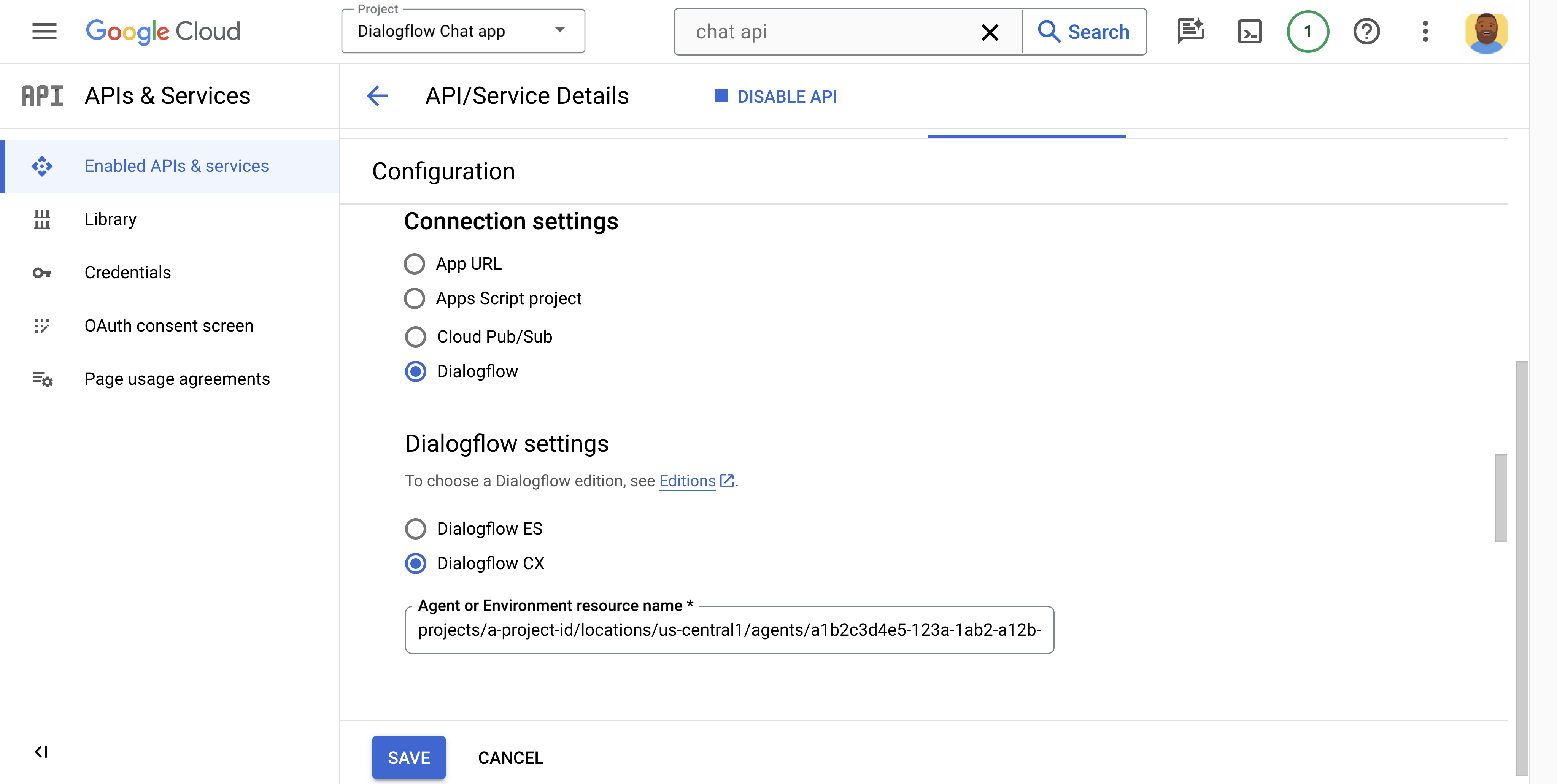 Konfigurowanie aplikacji Google Chat Dialogflow.