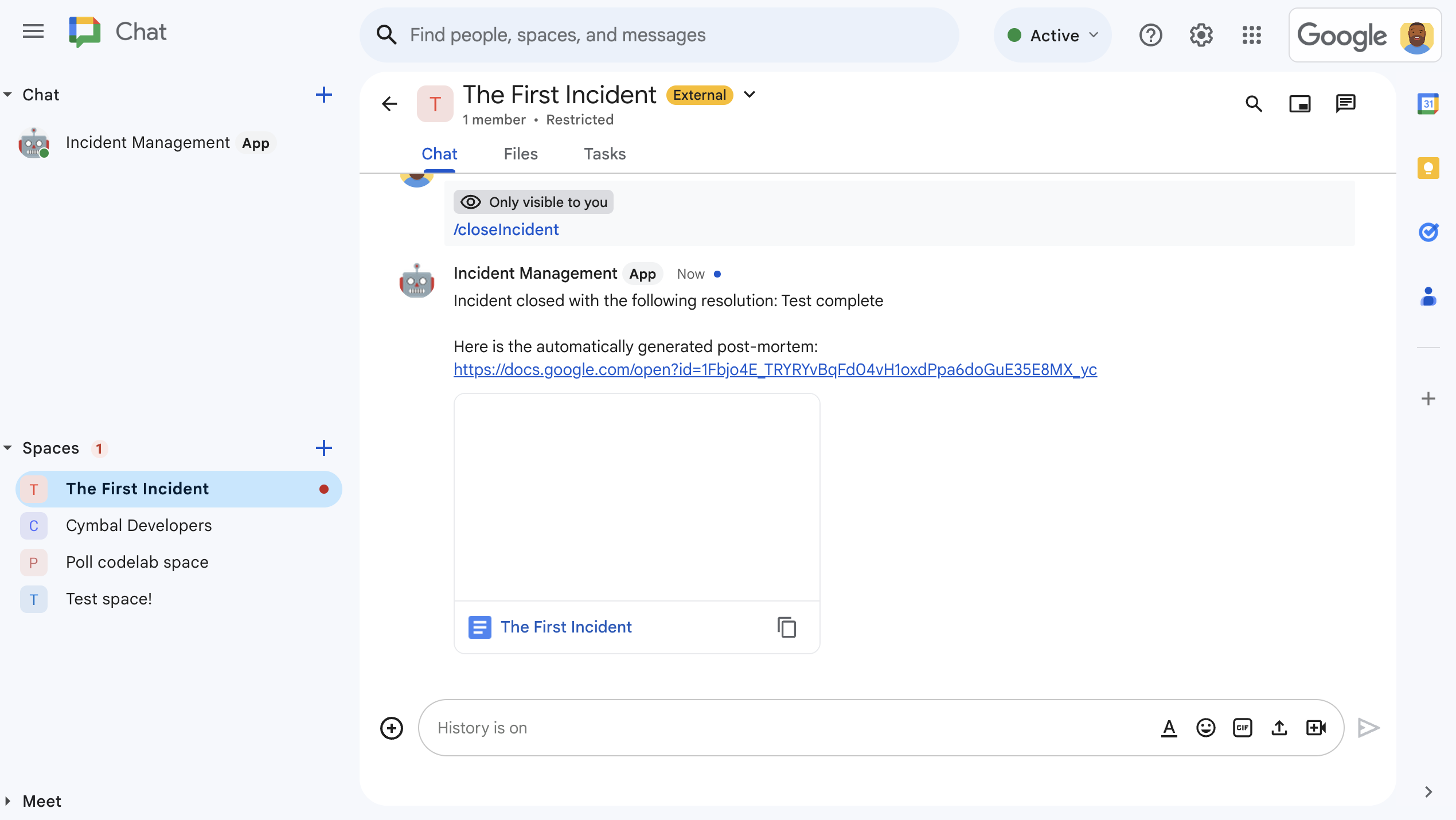 Document Google Docs sur la résolution d&#39;un incident partagé dans un espace.