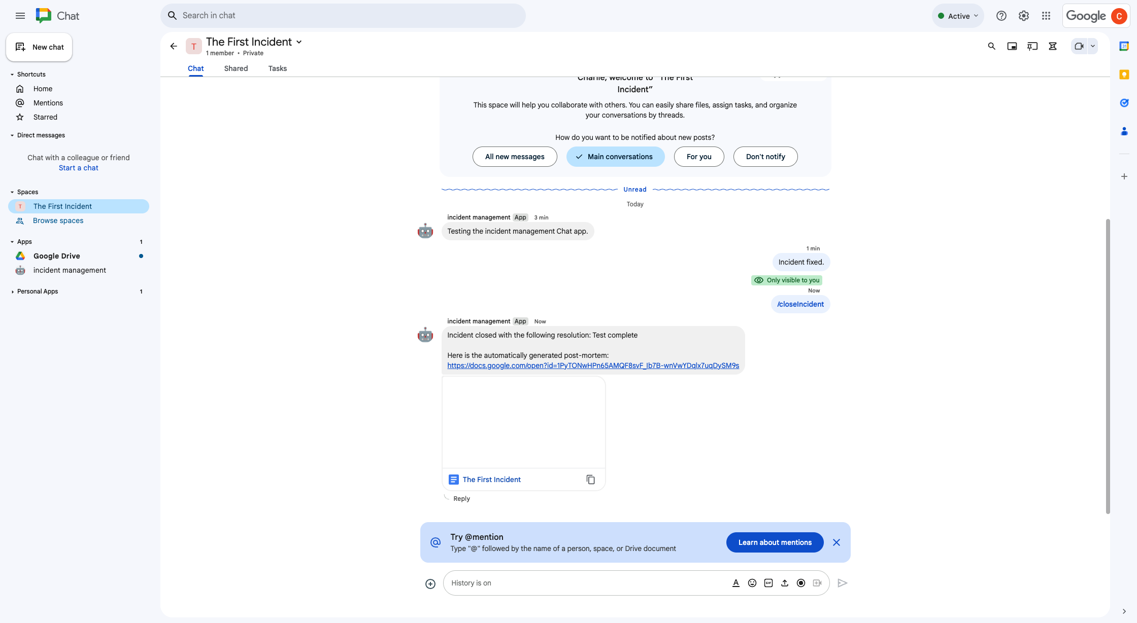 स्पेस में, समस्या हल करने से जुड़ा Google Docs दस्तावेज़ शेयर किया गया.