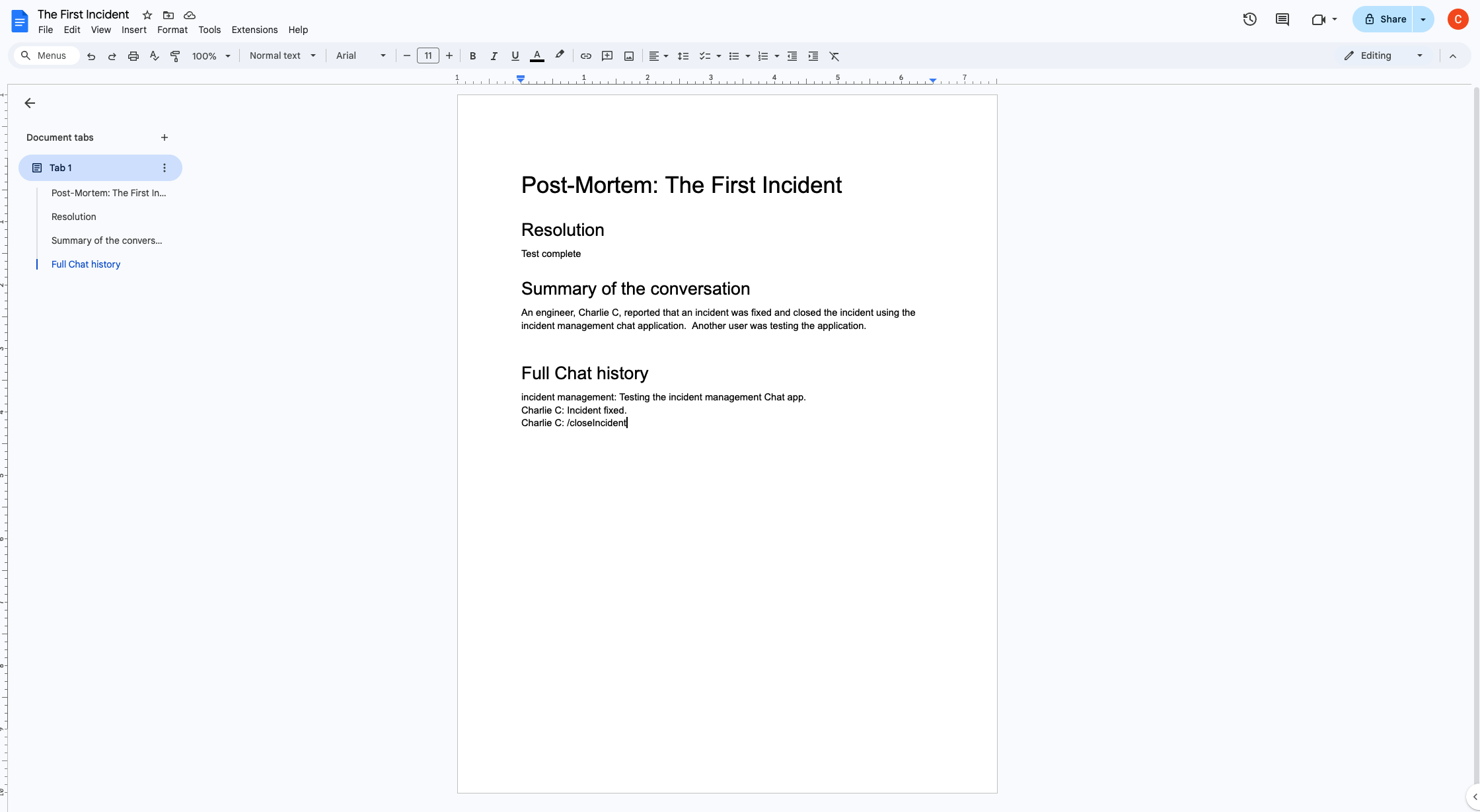 מסמך Google Docs עם סיכום ה-AI של האירוע.