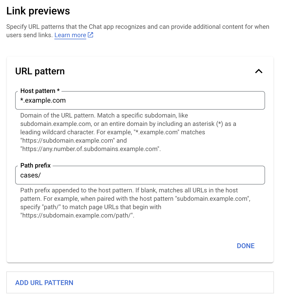 Menu de configuration des aperçus des liens