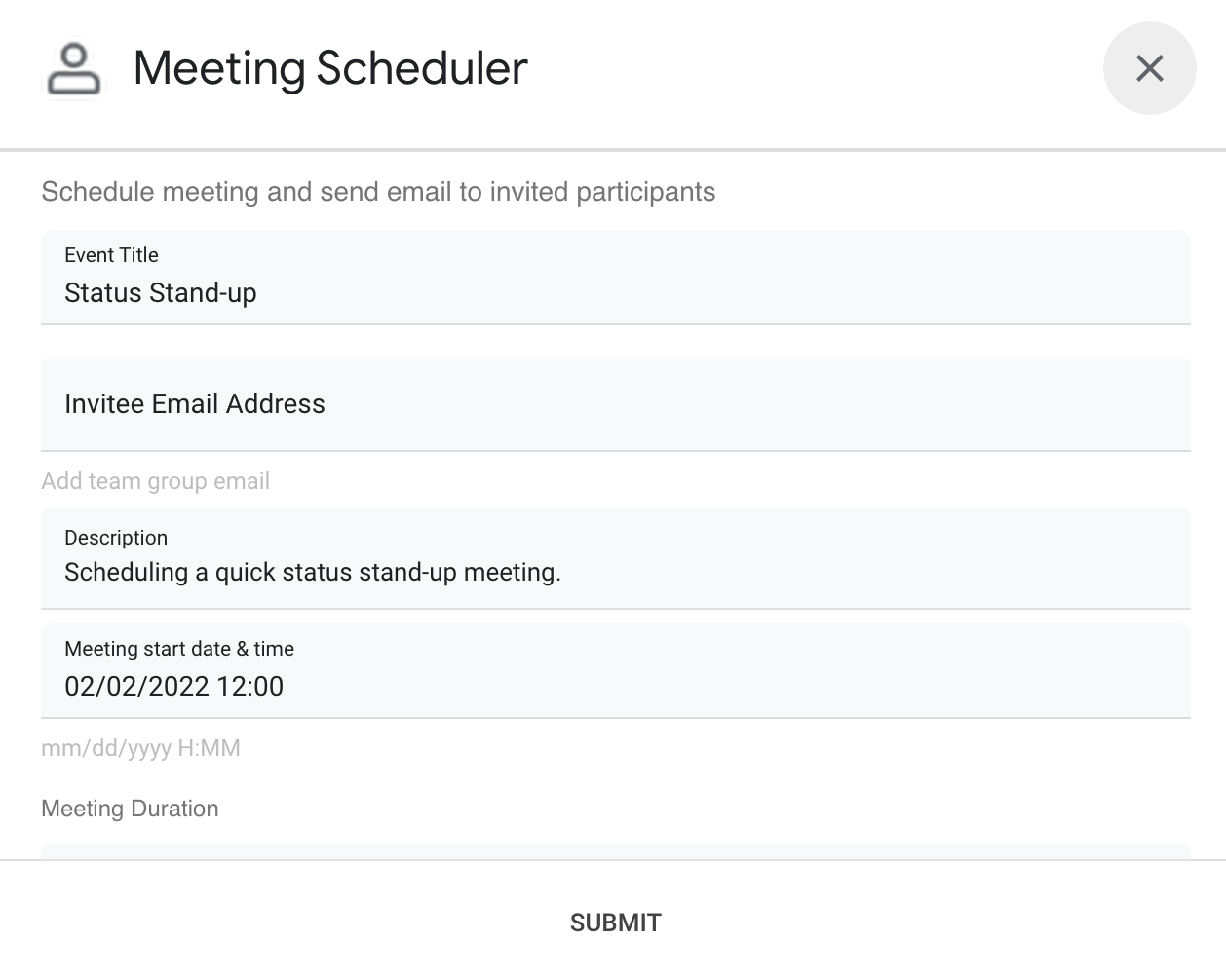 Antarmuka dialog aplikasi Chat Meeting Scheduler