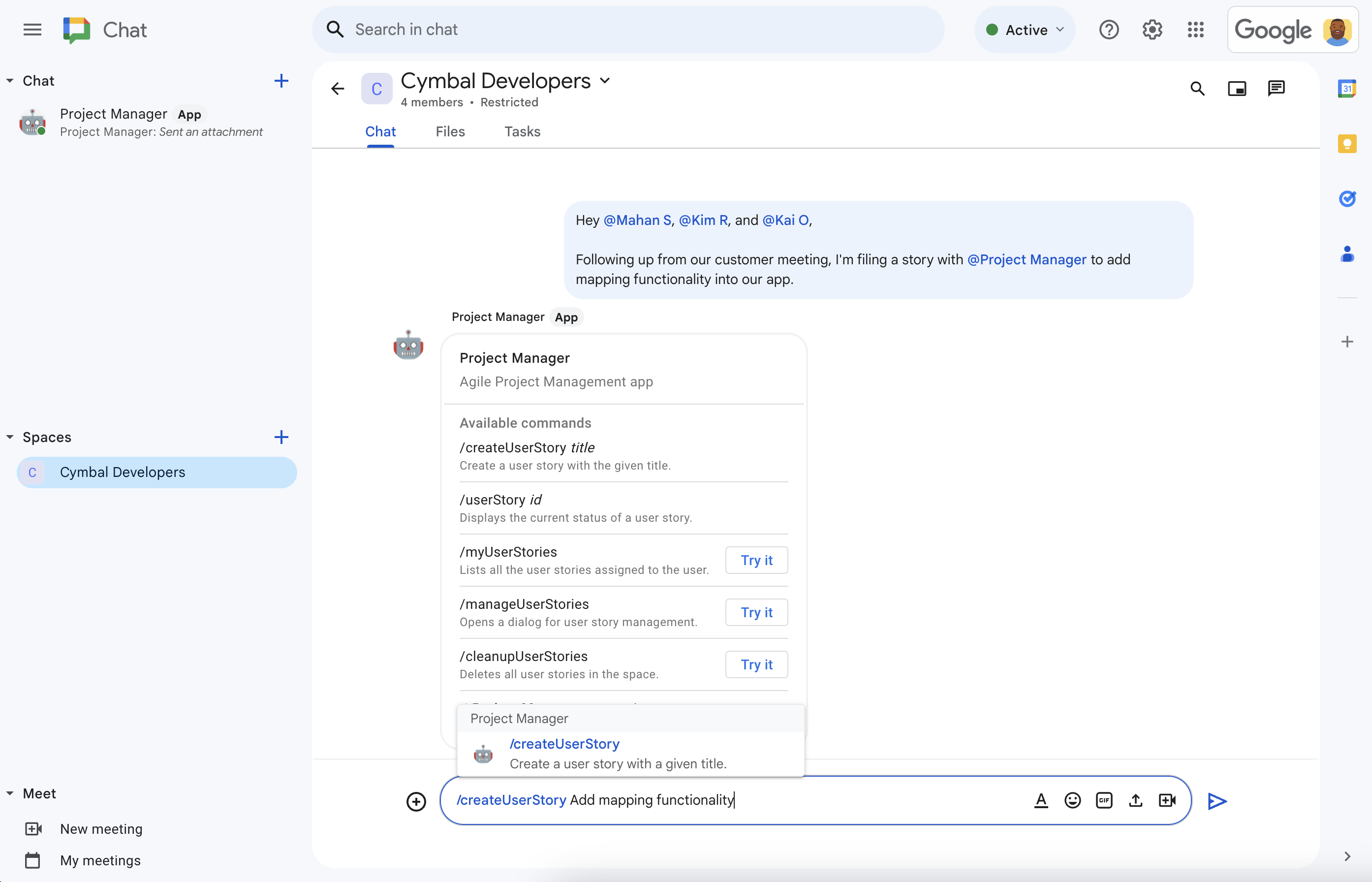 Menggunakan perintah garis miring /createUserStory untuk membuat cerita.