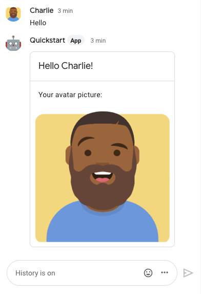 Une application Chat qui répond par une fiche présentant le nom à afficher et l&#39;avatar de l&#39;expéditeur
l&#39;image.