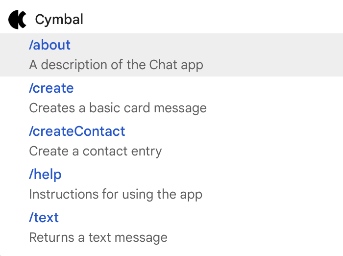 選擇要與 Chat 應用程式互動的斜線指令。