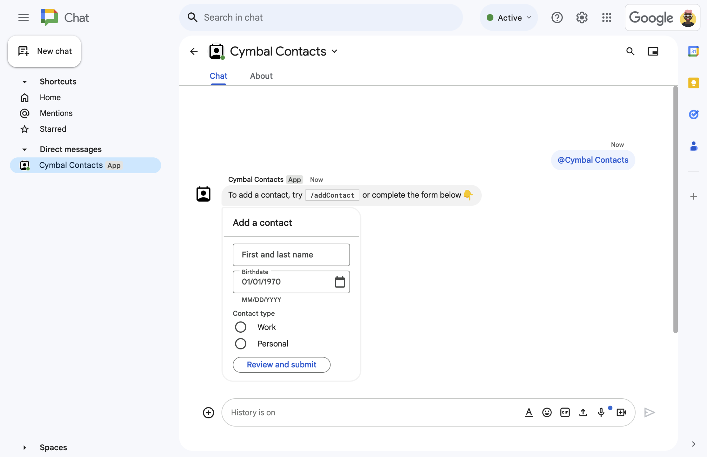 Messaggio della scheda con widget di input del modulo.