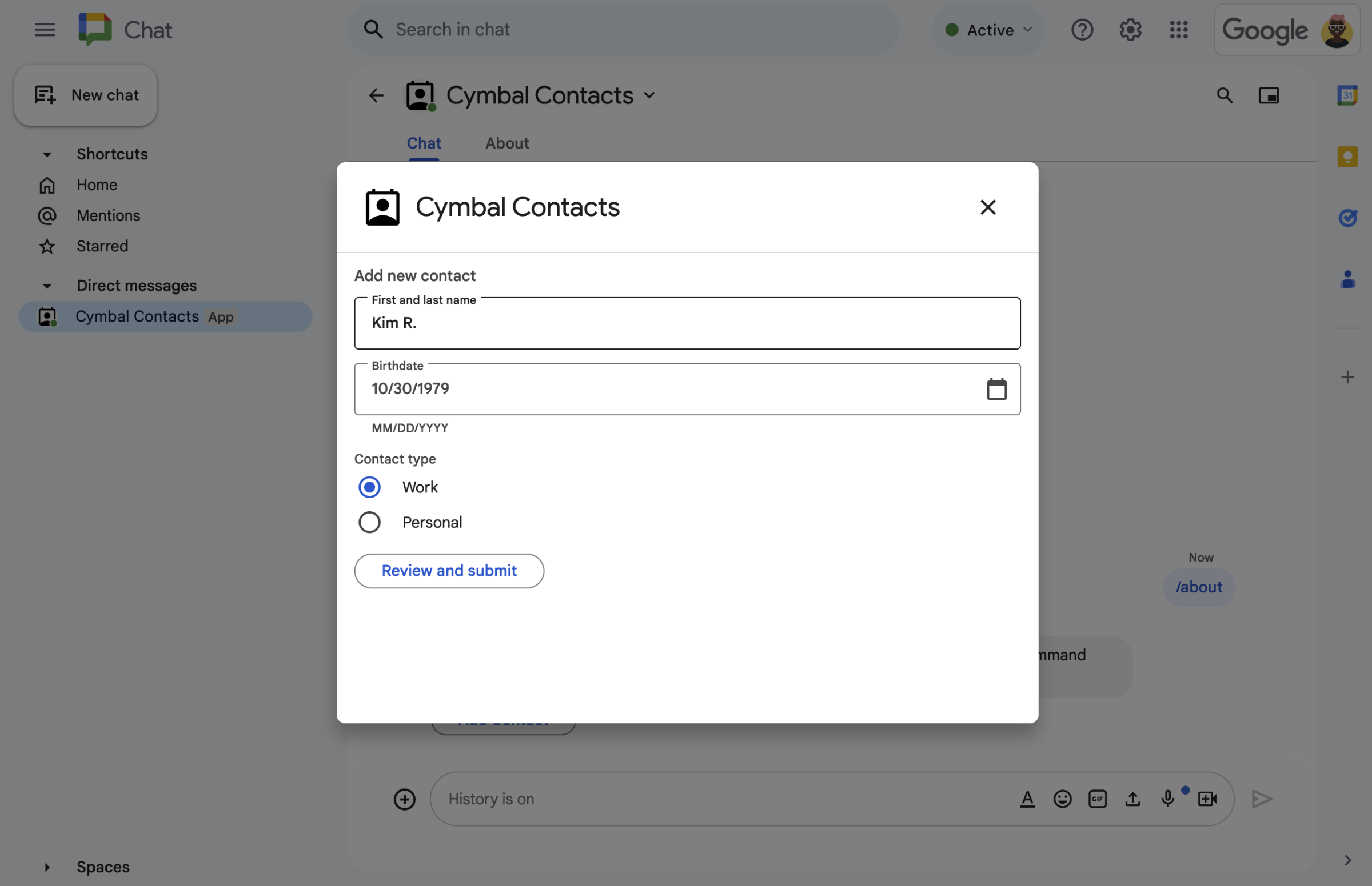 Contact form in a dialog.