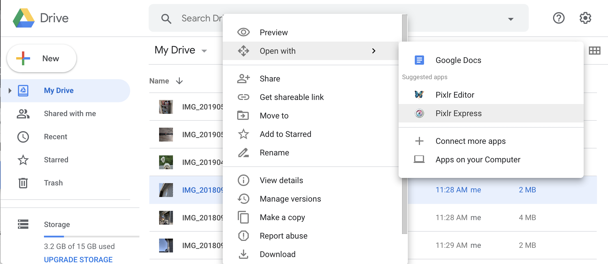 פריט בתפריט &#39;פתיחה באמצעות&#39; בממשק המשתמש של Google Drive