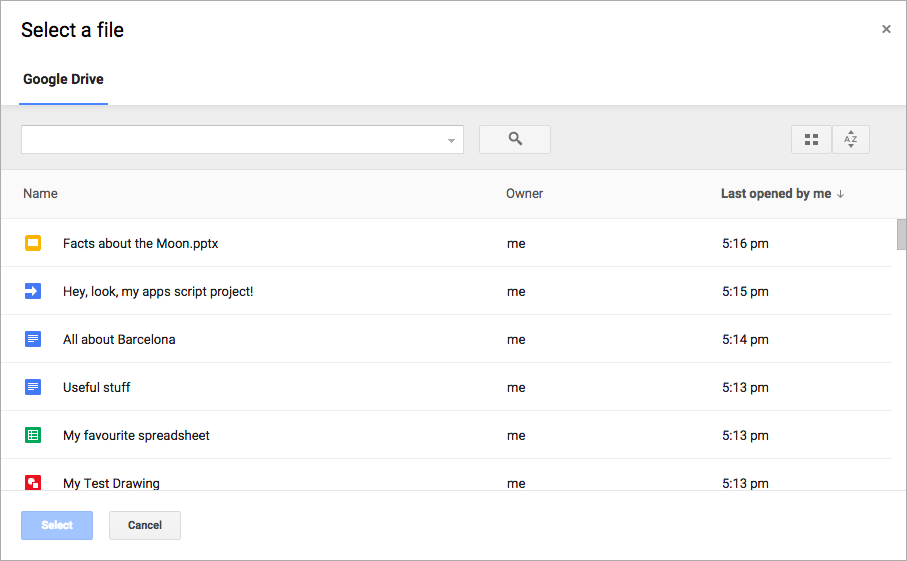 Google Picker ダイアログ。