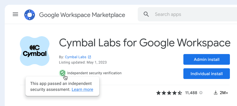 مثال على بطاقة بيانات تطبيق في Google Workspace Marketplace تحمل شارة للتحقّق من الأمان المستقل.