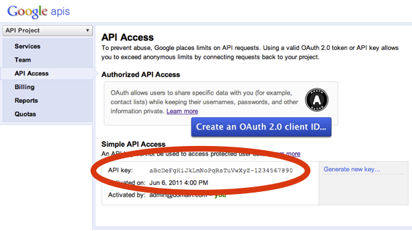 Lấy khoá API từ API Console