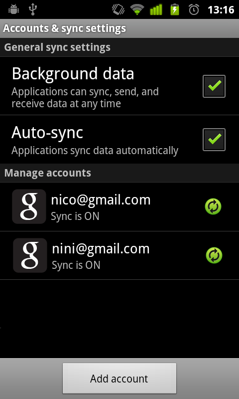 Contas registradas no seu ambiente Android
