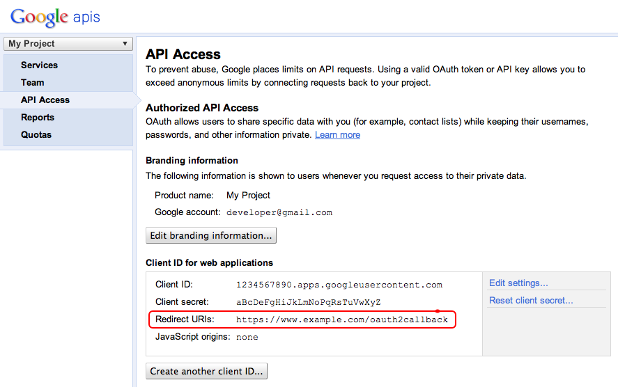 URI de redirecionamento no console de APIs