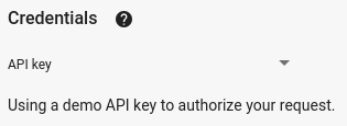 Abbildung mit den Anmeldedaten im APIs Explorer für den Vollbildmodus und dem Drop-down-Menü, in dem die Option „API-Schlüssel“ ausgewählt ist.