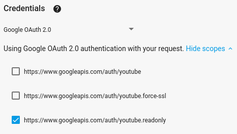 在全螢幕 API Explorer 中顯示範圍圖片，且已選取使用「Google OAuth 2.0」憑證的選項。