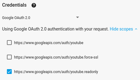 Imagem que mostra os escopos no APIs Explorer em tela cheia e a
opção de usar as credenciais &quot;Google OAuth 2.0&quot; selecionadas.