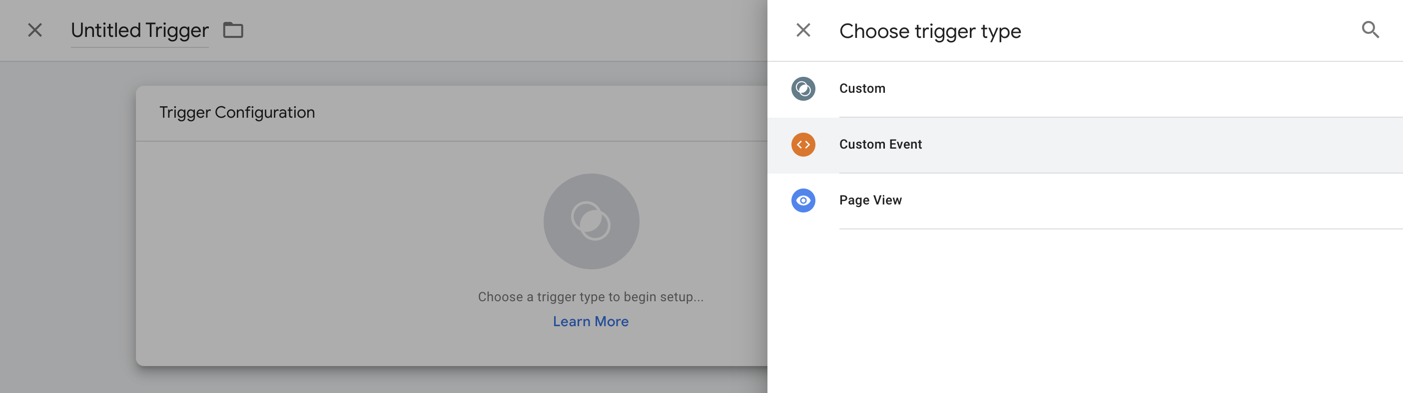 Choose trigger type dialog with Custom Event trigger highlighted