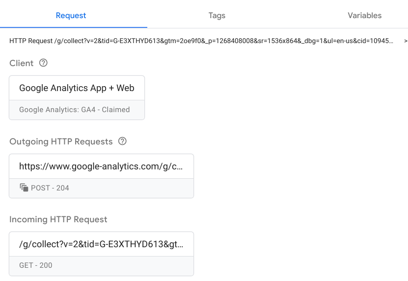 Screenshot showing Tag Manager Request tab