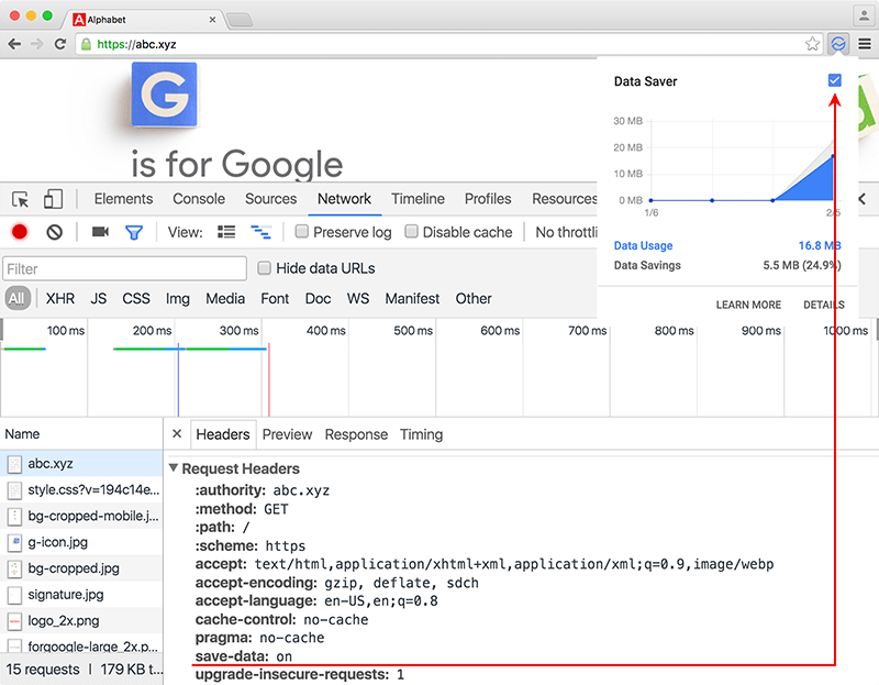 The
Save-Data header revealed in Chrome's Developer Tools pictured along with the
Data Saver extension.